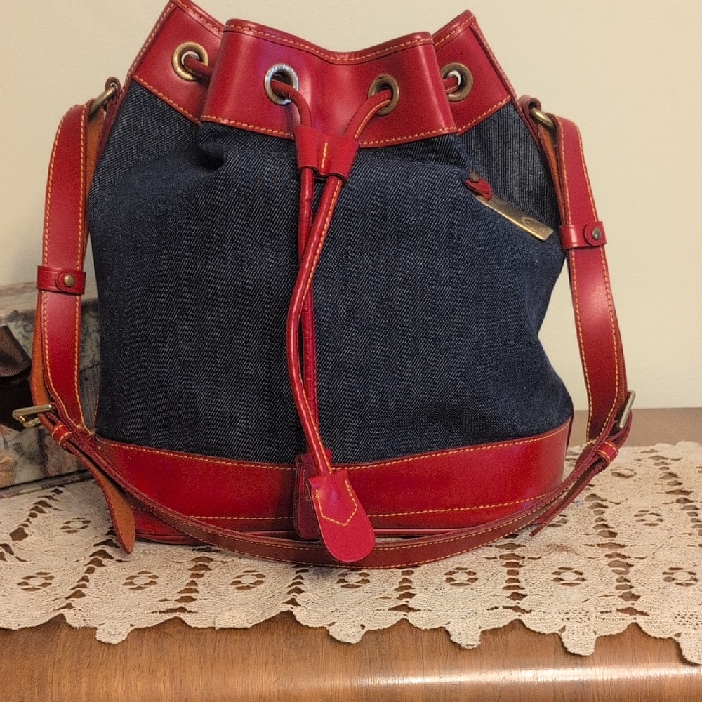 Red and Blue Denim Bucket Bag